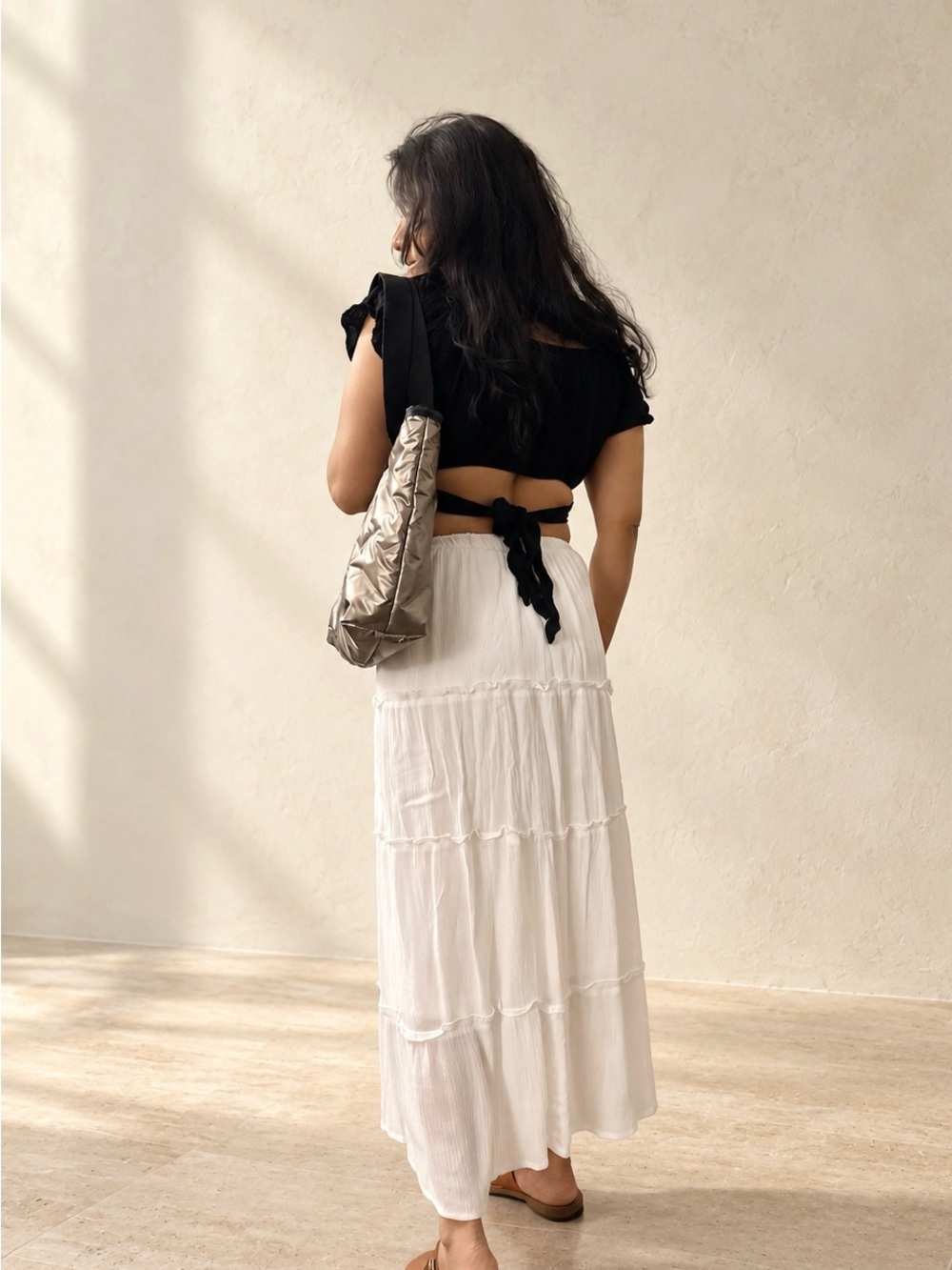 Black Tie-Back Crop Top & White Maxi skirt